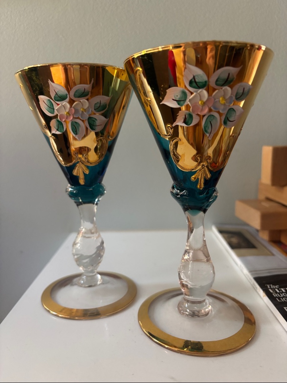 Rare Set of 2 Blue and Gold Murano Tre Fuochi Stemmed Glasses - Made by Hand